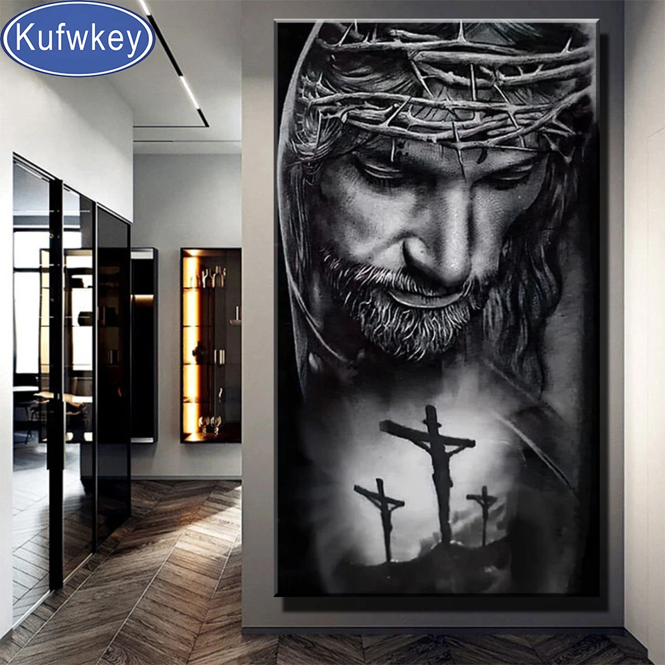 A töviskoronát Jézus gyémánt festmény Fal Krisztus Gyémánt hímzés mozaik Isten a Kép fekete-fehér Művészet A lakberendezés